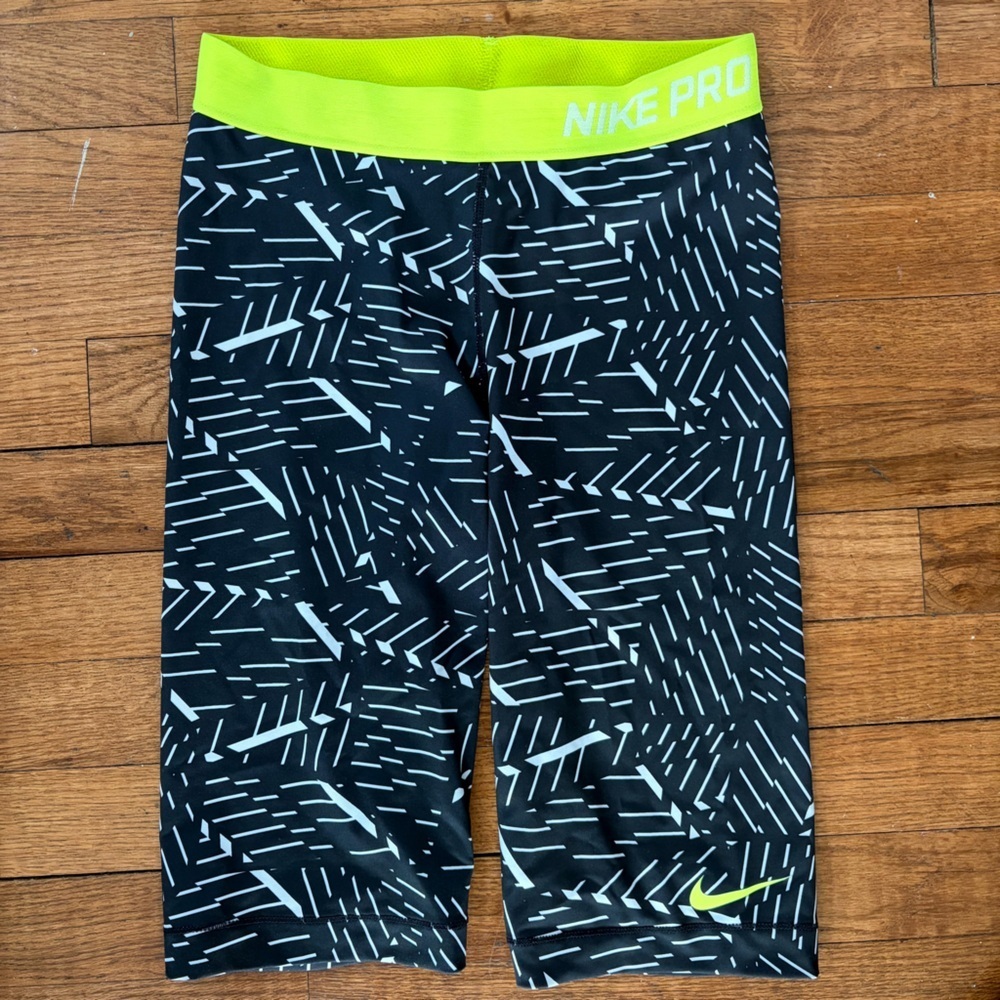 Nike Black Patterned Compression Shorts with Neon Yellow Trim